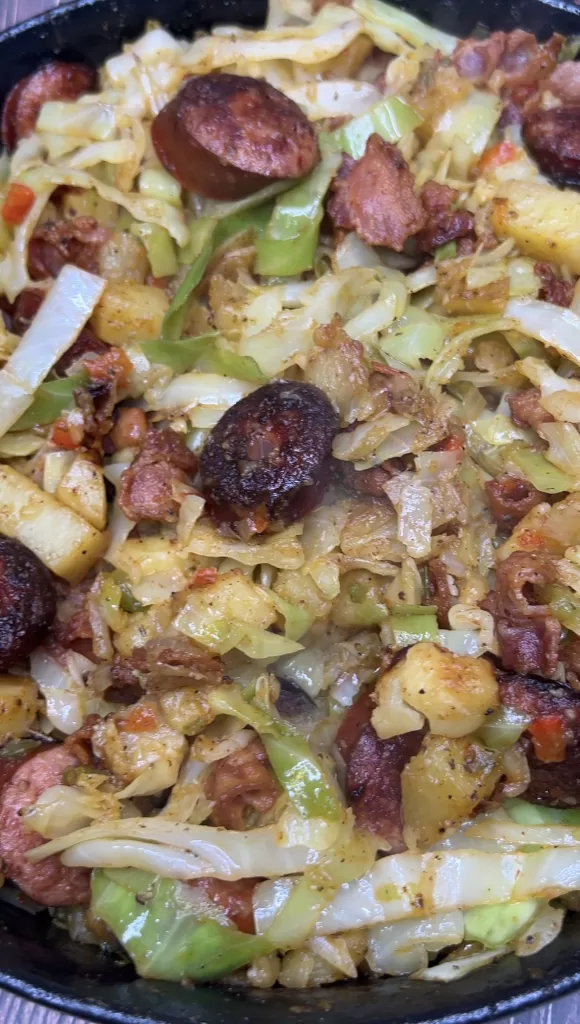 Fried Cabbage with Bacon, Sausage and Potatoes