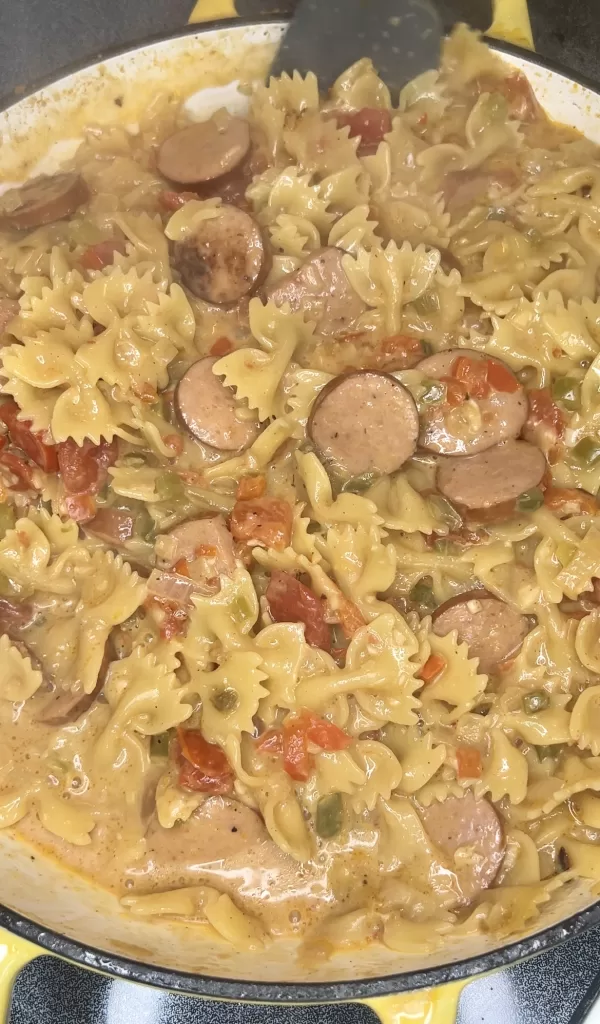 One Pot Cheesy Smoked Sausage with Bowtie Pasta