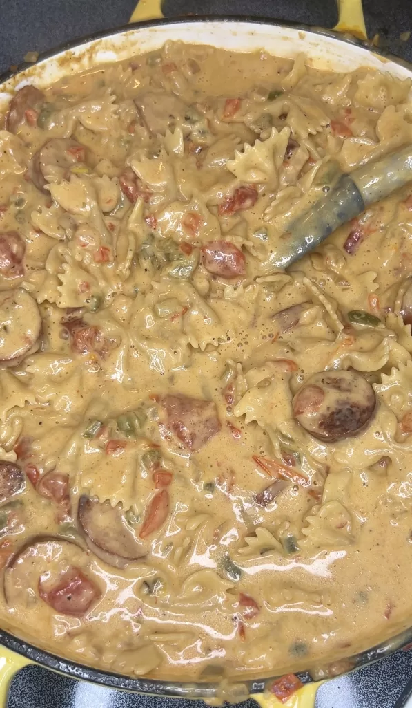 One Pot Cheesy Smoked Sausage with Bowtie Pasta
