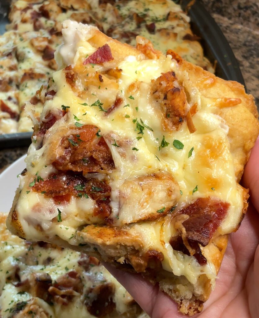 Chicken Bacon Alfredo Pizza on Cheddar Bay Biscuit Crust