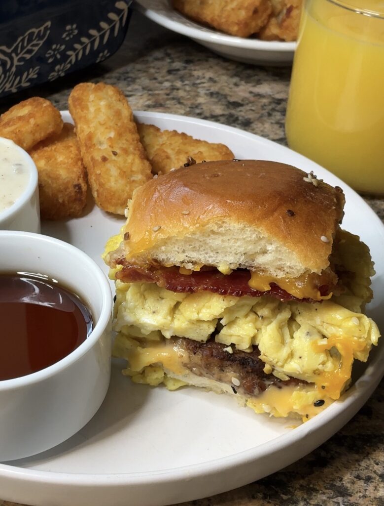 Loaded Breakfast Sliders (with Sausage, Bacon, Eggs & Cheese)