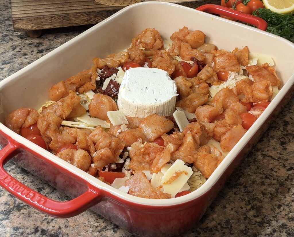 Creamy Boursin Chicken Orzo Bake