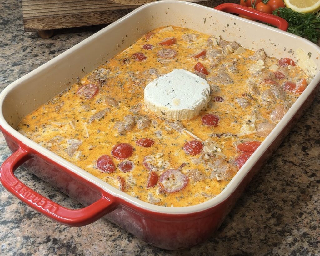 Creamy Boursin Chicken Orzo Bake