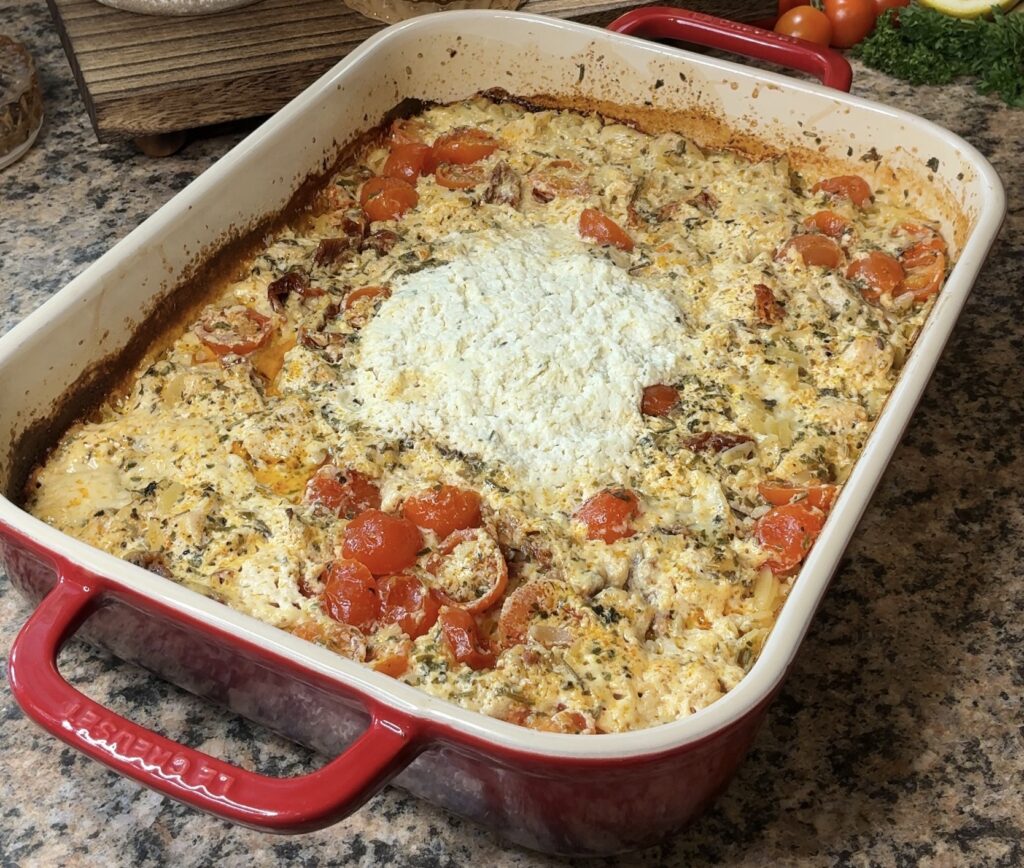 Creamy Boursin Chicken Orzo Bake
