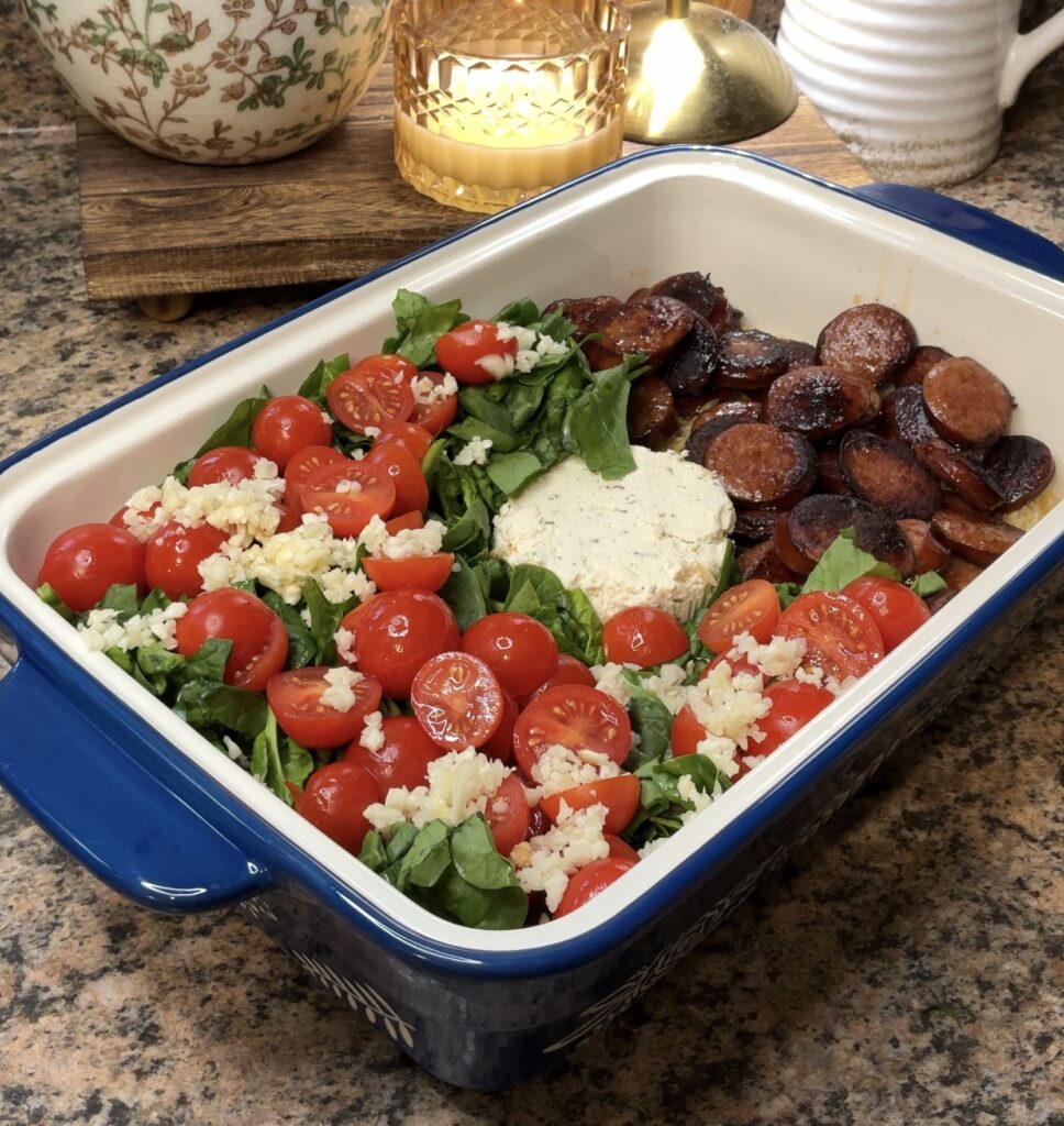 Dump and Bake Boursin Orzo with Smoked Sausage