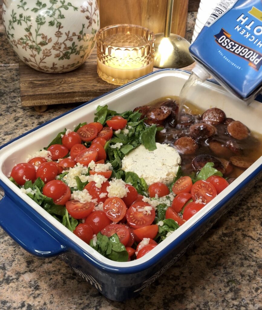 Dump and Bake Boursin Orzo with Smoked Sausage