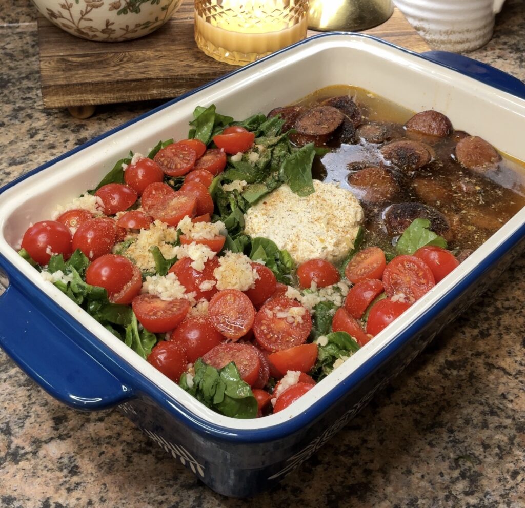 Dump and Bake Boursin Orzo with Smoked Sausage