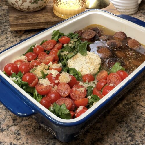 Dump and Bake Boursin Orzo with Smoked Sausage