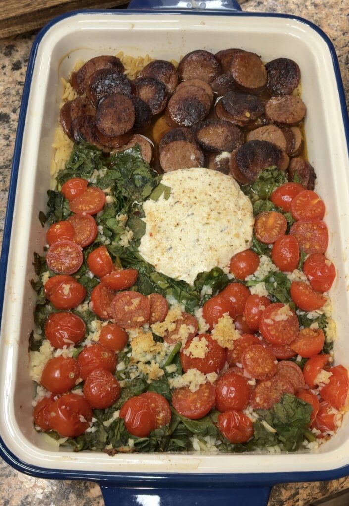 Dump and Bake Boursin Orzo with Smoked Sausage