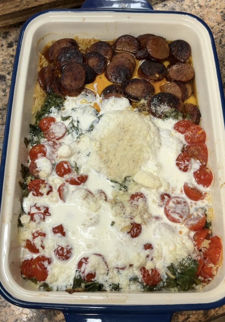 Dump and Bake Boursin Orzo with Smoked Sausage