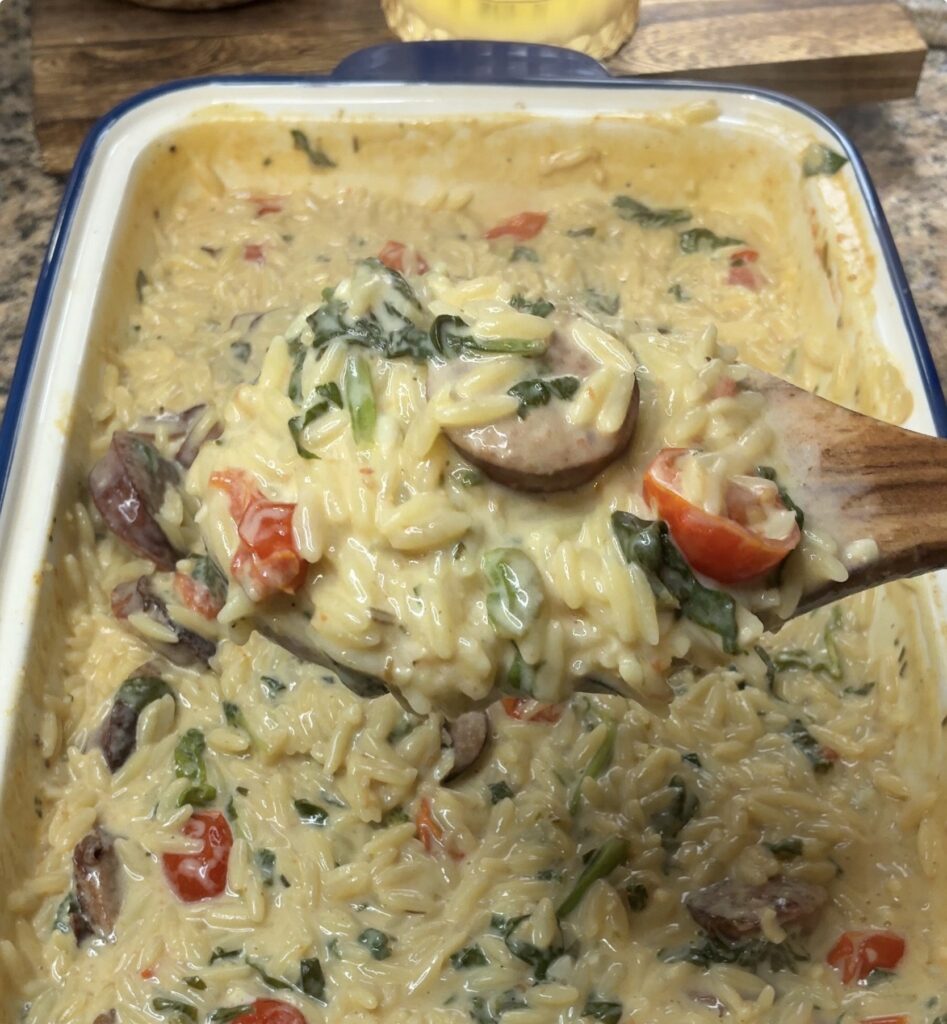 Dump and Bake Boursin Orzo with Smoked Sausage