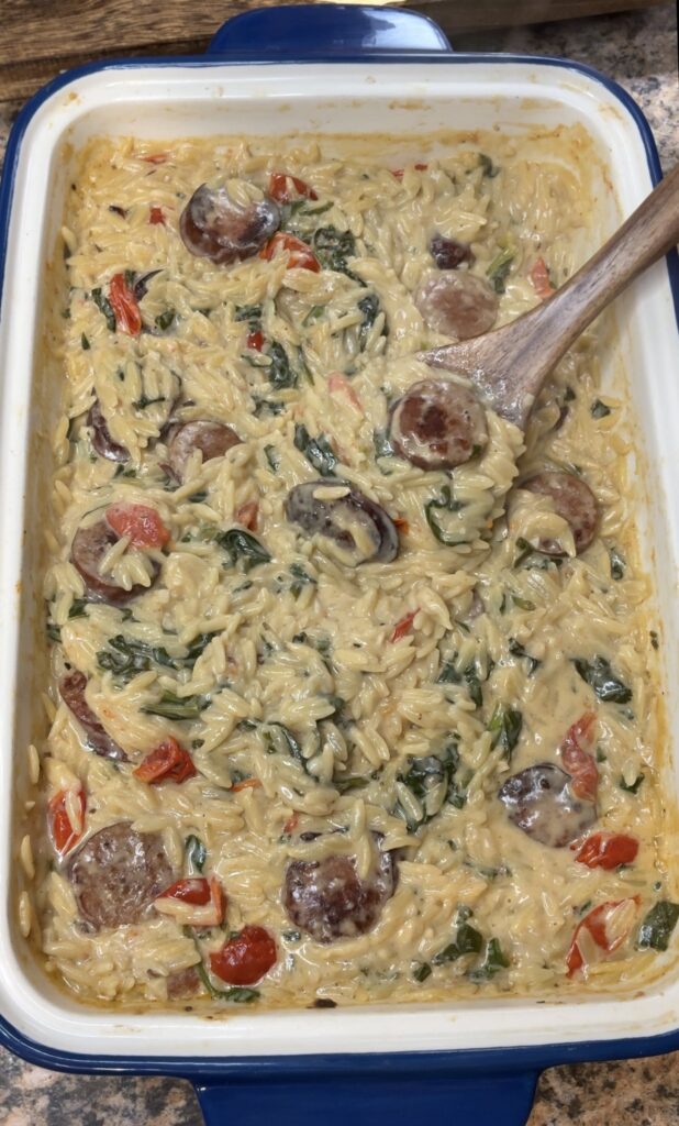 Dump and Bake Boursin Orzo with Smoked Sausage