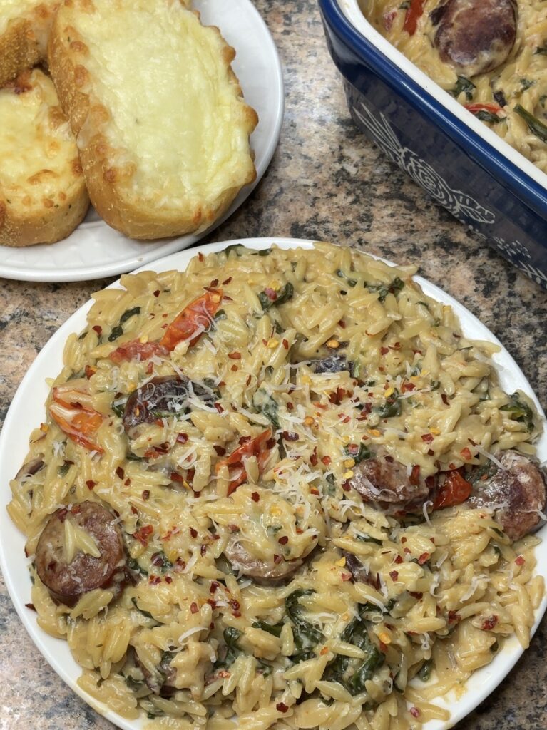 Dump and Bake Boursin Orzo with Smoked Sausage