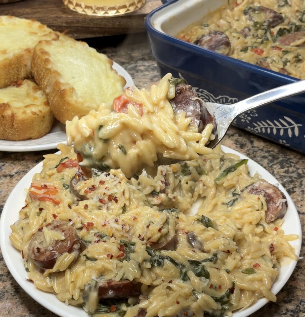 Dump and Bake Boursin Orzo with Smoked Sausage